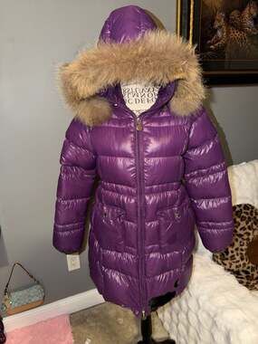 Moncler Glossy Purple Puffer Jacket With Fur Hood